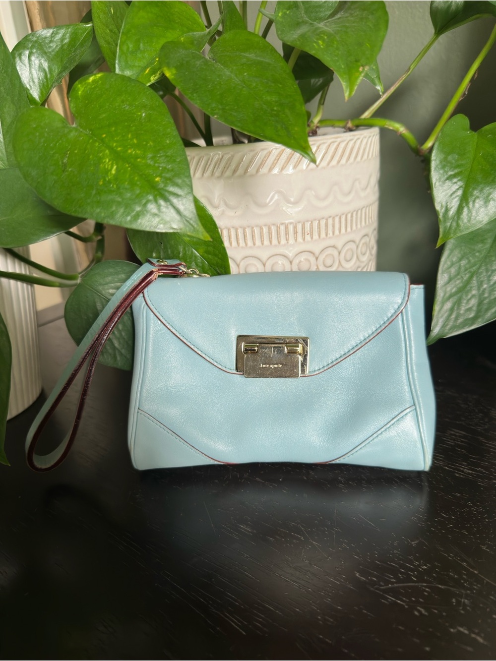 kate spade Light Blue Leather Wristlet Clutch with Gold Hardware